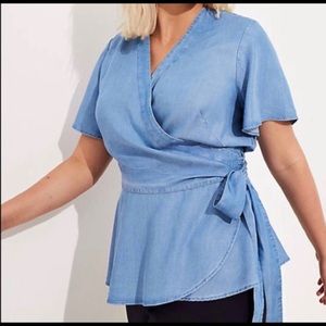 Chambray Short Sleeve Wrap Top